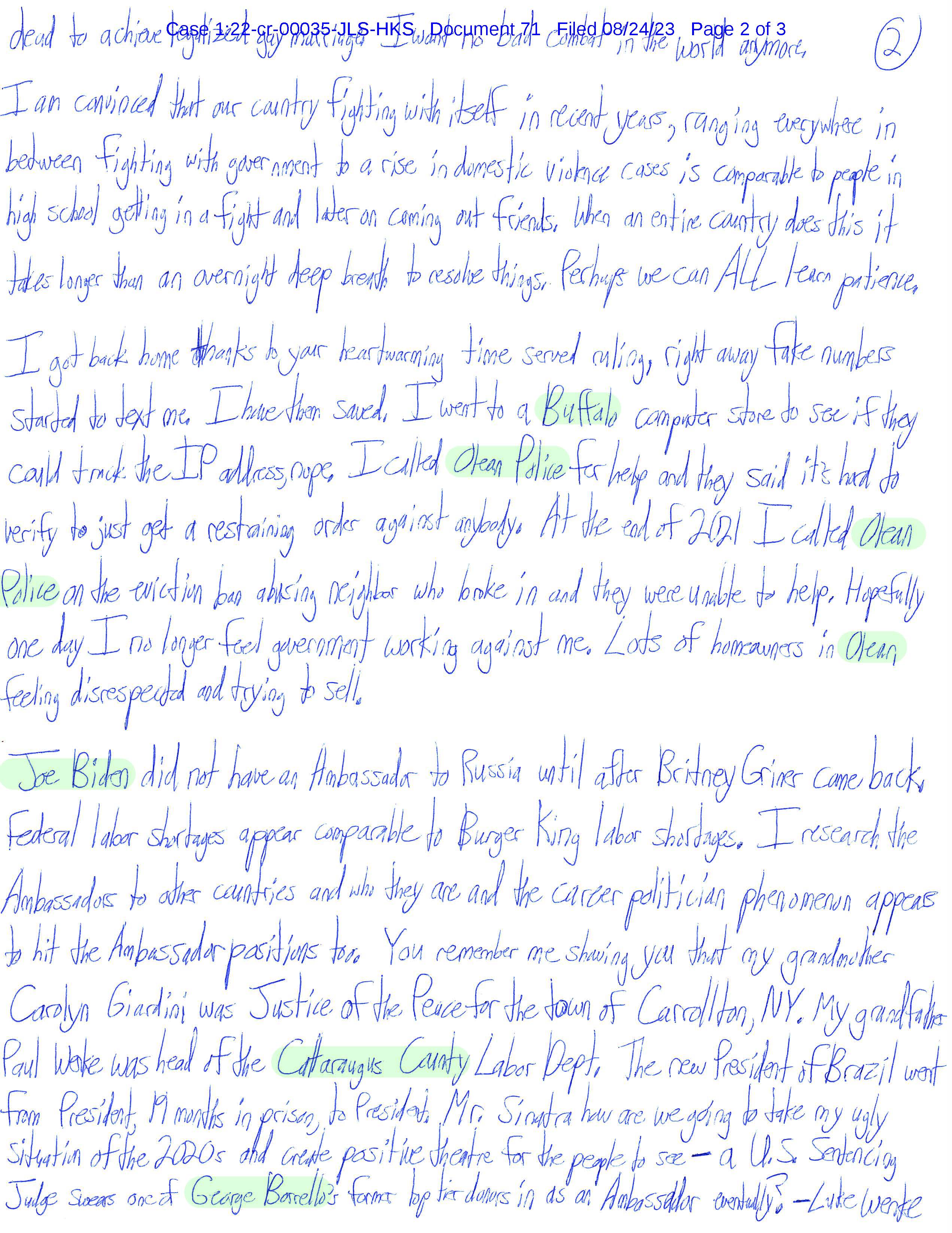 A handwritten letter from Luke Wenke to the Honorable John L. Sinatra, Jr.; August 2023.