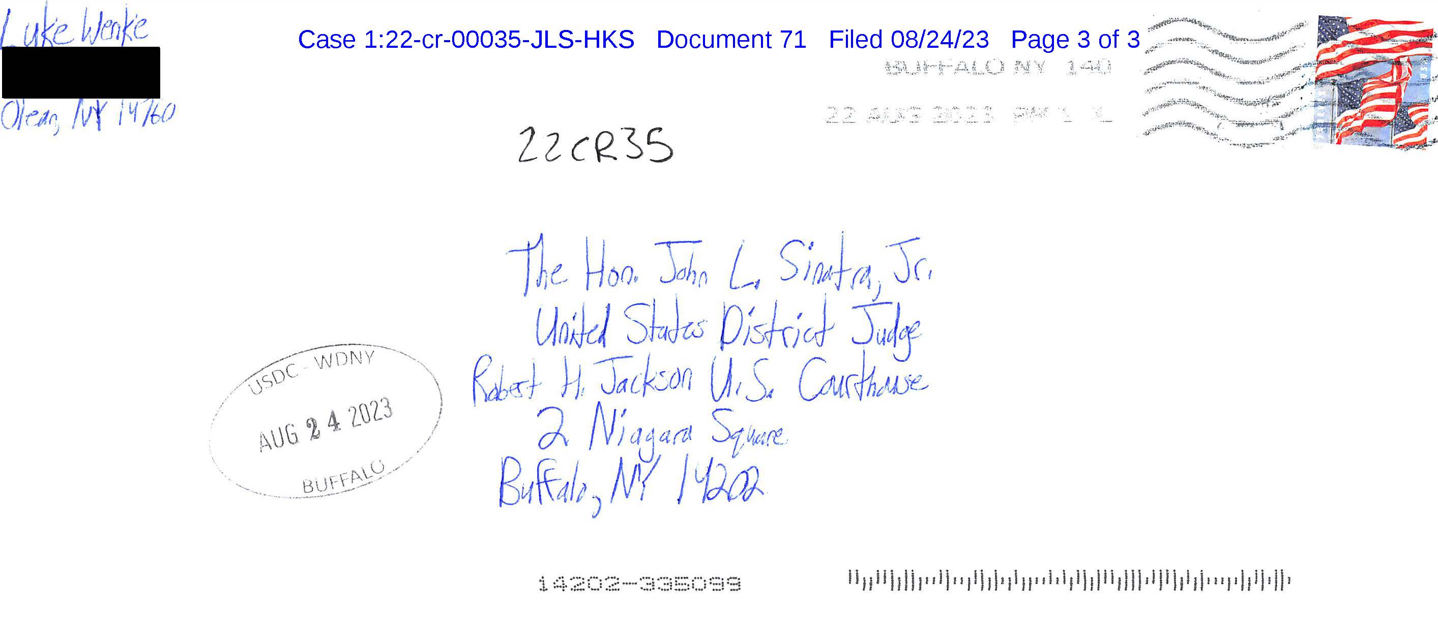A handwritten letter from Luke Wenke to the Honorable John L. Sinatra, Jr.; August 2023.
