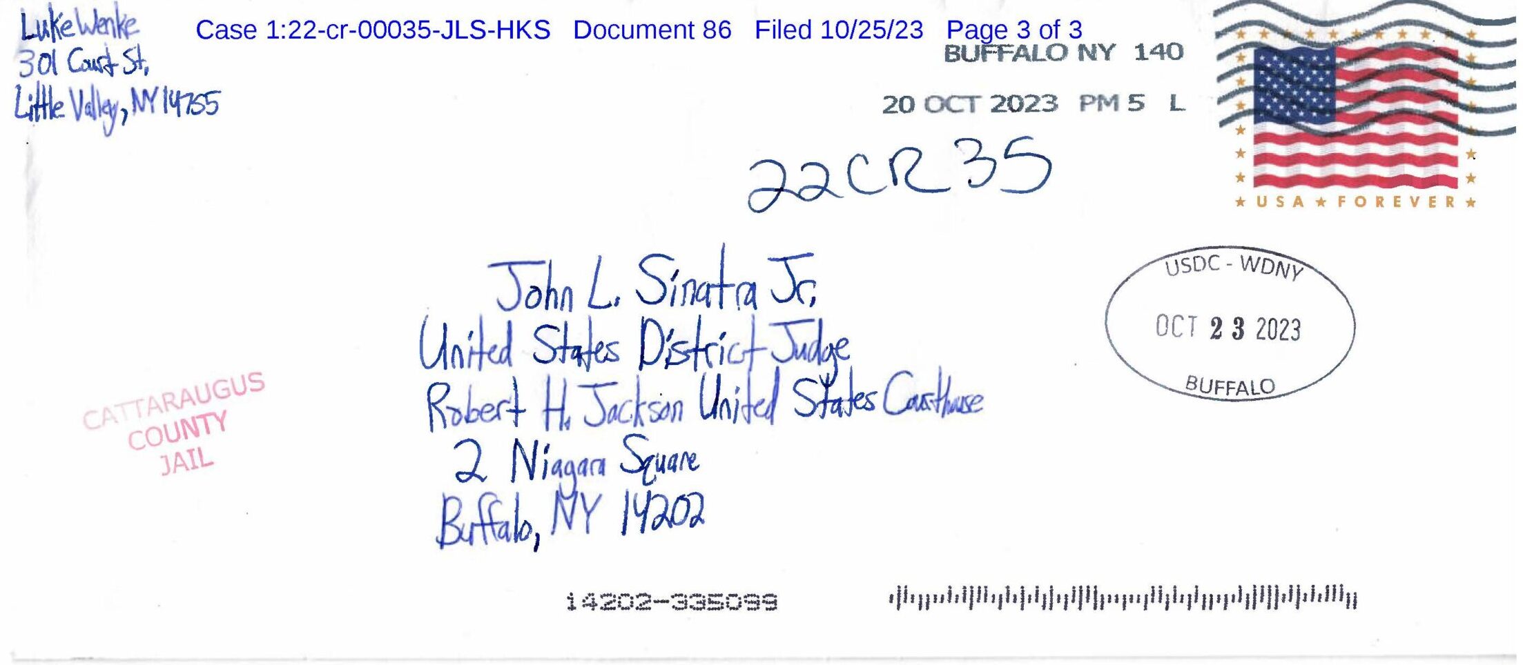 a letter from Luke Wenke to the Honorable John L. Sinatra, Jr; October 2023.
