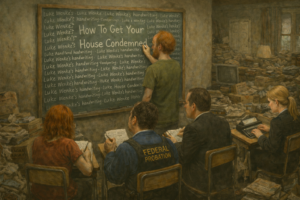 not luke wenke hoarded house chalkboard handwriting students redheaded woman federal probation officer lawyer stenographer