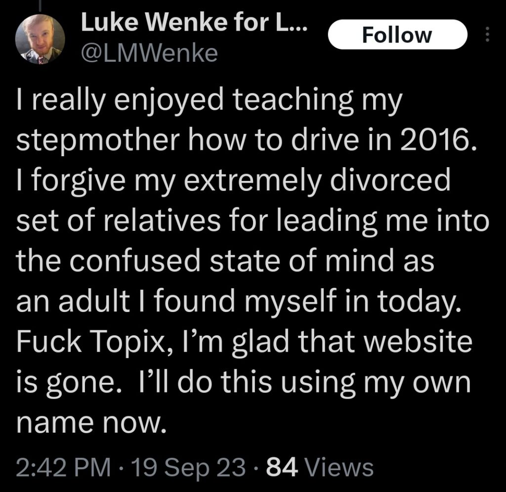 screenshot of an x/twitter post reflecting luke wenke's Topix obsession september 2023