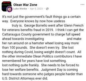luke wenke facebook screenshot 2023 false allegations welfare fraud george borrello