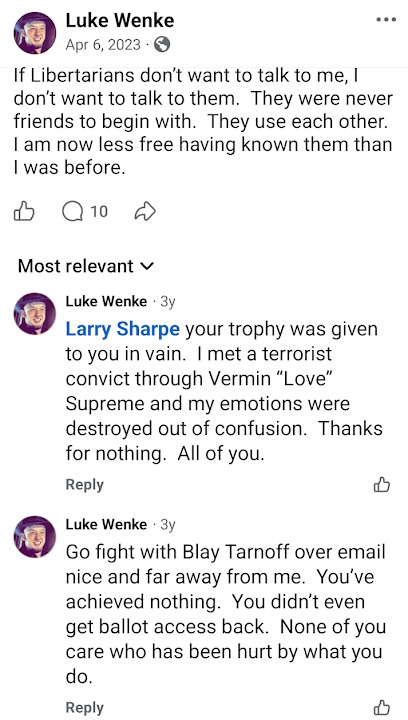 luke wenke expresses feeling rejected by the Libertarian Party facebook screenshot april 2023