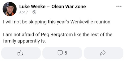 screenshot of an April 2023 Luke Wenke Facebook post stating his intentions to attend the annual Wenkeville family reunion despite being banned from it