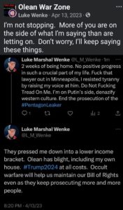 screenshot of a luke wenke x/twitter post saying he has no plans to stop behaving problematically 2023