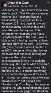 luke wenke facebook screenshot topix fake remorse 2023