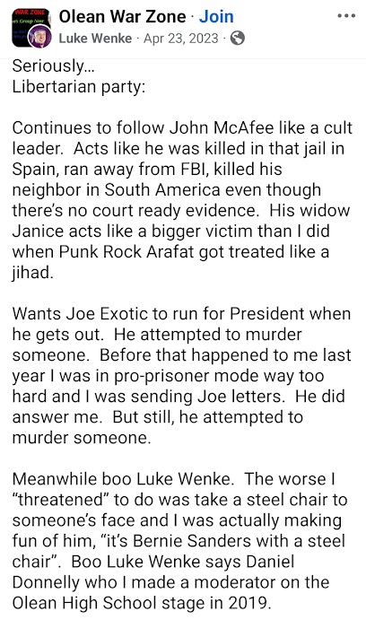 Luke Wenke shares grandiose delusion about his influence over the Libertarian Party Facebook screenshot April 2023