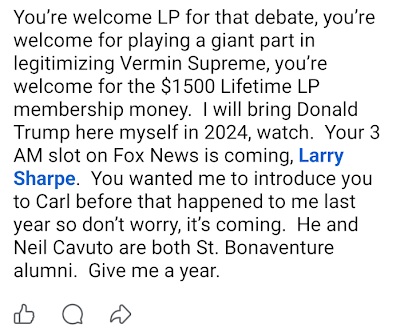 Luke Wenke shares grandiose delusion about his influence over the Libertarian Party Facebook screenshot April 2023