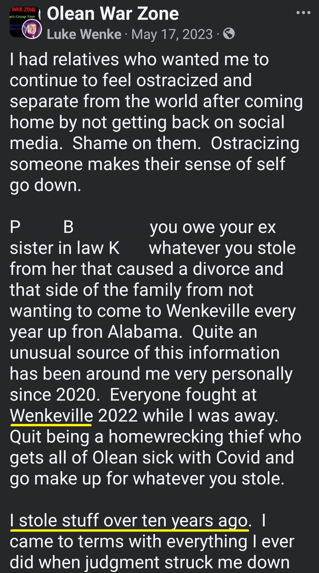 luke wenke facebook screenshot wenkeville theft 2023