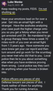 luke wenke facebook screenshot antipolice incel benjamin ryan teeter obsession 2023