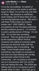 luke wenke facebook screenshot self-pity obsession paranoid 2023