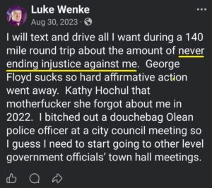 luke wenke facebook screenshot self-pity owed demands 2023