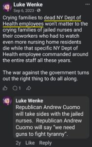 luke wenke facebook screenshot predictions and plans shooting dead nursing home nurses new york department of health 2023