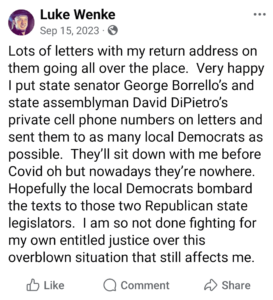 luke wenke facebook screenshot letter writing obseession 2023