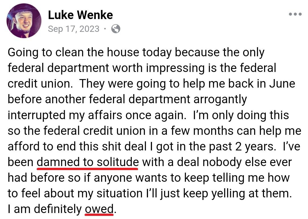 luke wenke facebook screenshot owed demands incel talk 2023