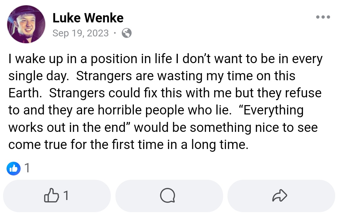 luke wenke facebook screenshot self-pity 2023