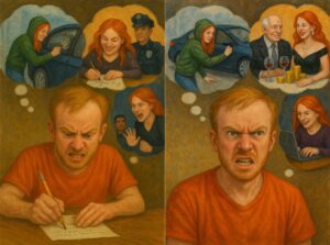 not luke wenke angry white man orange shirt writing letter fantasizing redheaded woman