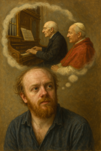 not luke wenke balding ugly white man white t-shirt daydreaming old man playing organ pope