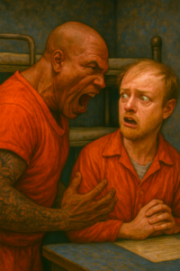 not luke wenke short white male inmate orange jumpsuits glasses intimidation larger inmate pointing finger yelling tattooed