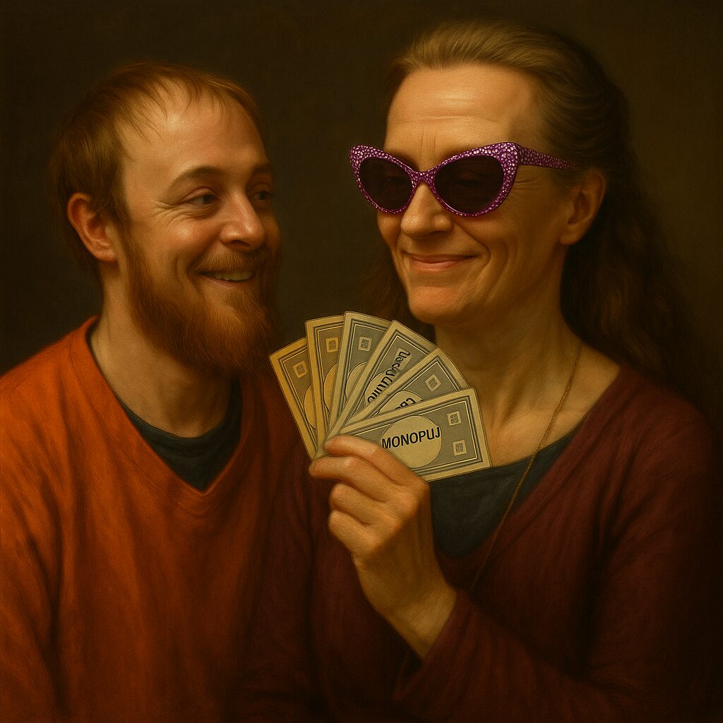 a balding white man and his blind mommy flaunting money