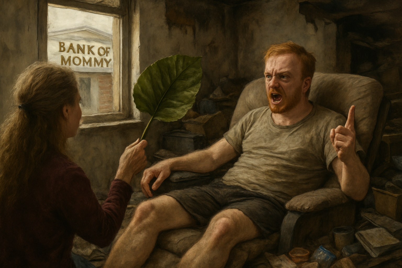 an adult male lounging on a recliner in a hoarded house while his mommy fans him with a giant leave with the bank of mommy located outside