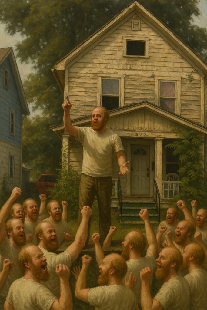 painterly image of a generic balding white man standing on the front porch of a derelict house and speaking to a crowd of lookalikes