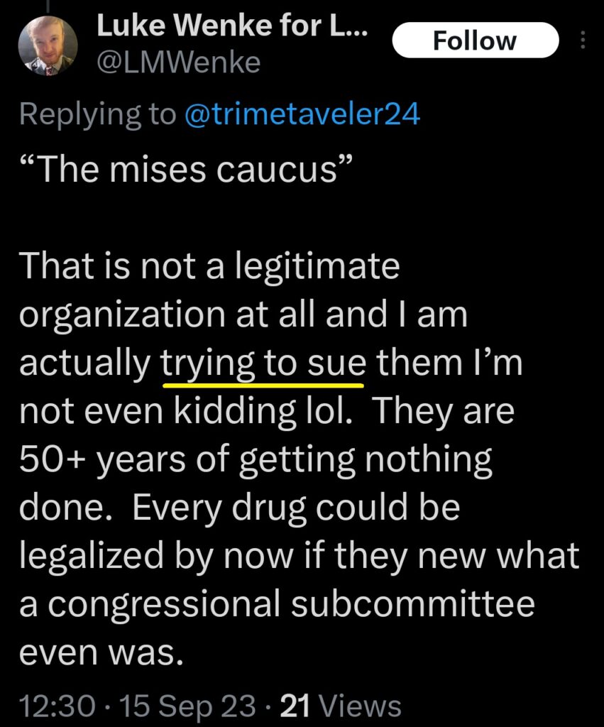 luke wenke x twitter screenshot threats to sue libertarian party 2023