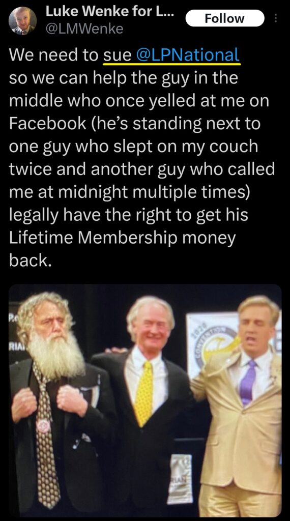 luke wenke x twitter screenshot threats to sue libertarian party 2023