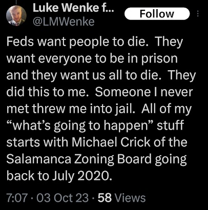 screenshot of an october 2023 x/twitter post by luke wenke accusing the federal government of ruining his life
