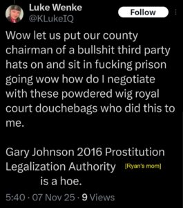 screenshot of a 2025 x/twitter post by luke wenke playing victim