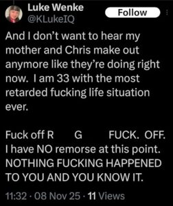 screenshot of a november 2025 luke wenke x/twitter post targeting minnesota cyberstalking victim