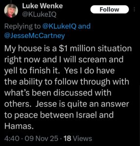 screenshot of a november 2025 luke wenke x/twitter post obsessing over jesse mccartney