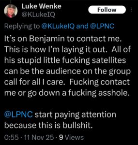 screenshot of a november 2025 luke wenke x/twitter post demanding contact from stalking victim ryan teeter