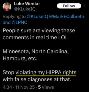 luke wenke x twitter screenshots false allegations hipaa violations 2025