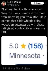 luke wenke x twitter screenshot threats false reviews minnesota lawyer 2025