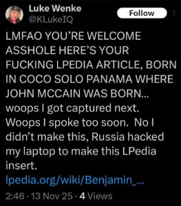 screenshot of luke wenke taunting stalking victim benjamin ryan teeter in a november 2025 x/twitter post