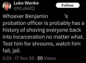 screenshot of a november 2025 luke wenke x/twitter post targeting stalking victim ryan teeter's probation officer