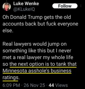 luke wenke x twitter screenshot plans threats false reviews 2025