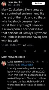 screenshot of an antisemitic november 2025 Luke Wenke x/twitter post targeting mark zuckerberg