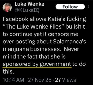 luke wenke x twitter screenshot katie obsession false allegations conspiracy collusion 2025