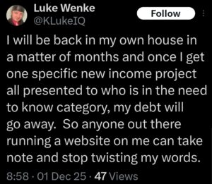 screenshot of a december 2025 luke wenke x/twitter post commanding katie to take website down