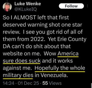 luke wenke x twitter screenshot antiamerican antimilitary 2025