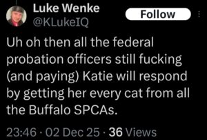 luke wenke x twitter screenshot 2025 katie obsession threats cats
