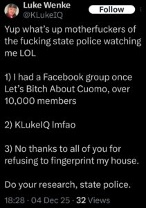 luke wenke x twitter screenshot antipolice antigovernment 2025