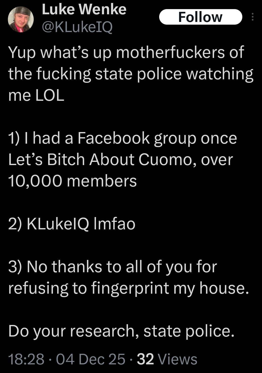luke wenke x twitter screenshot antipolice antigovernment 2025
