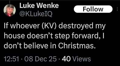 screenshot of a 2025 luke wenke x/twitter post falsely accusing stalking victim of crimes and demanding a confession