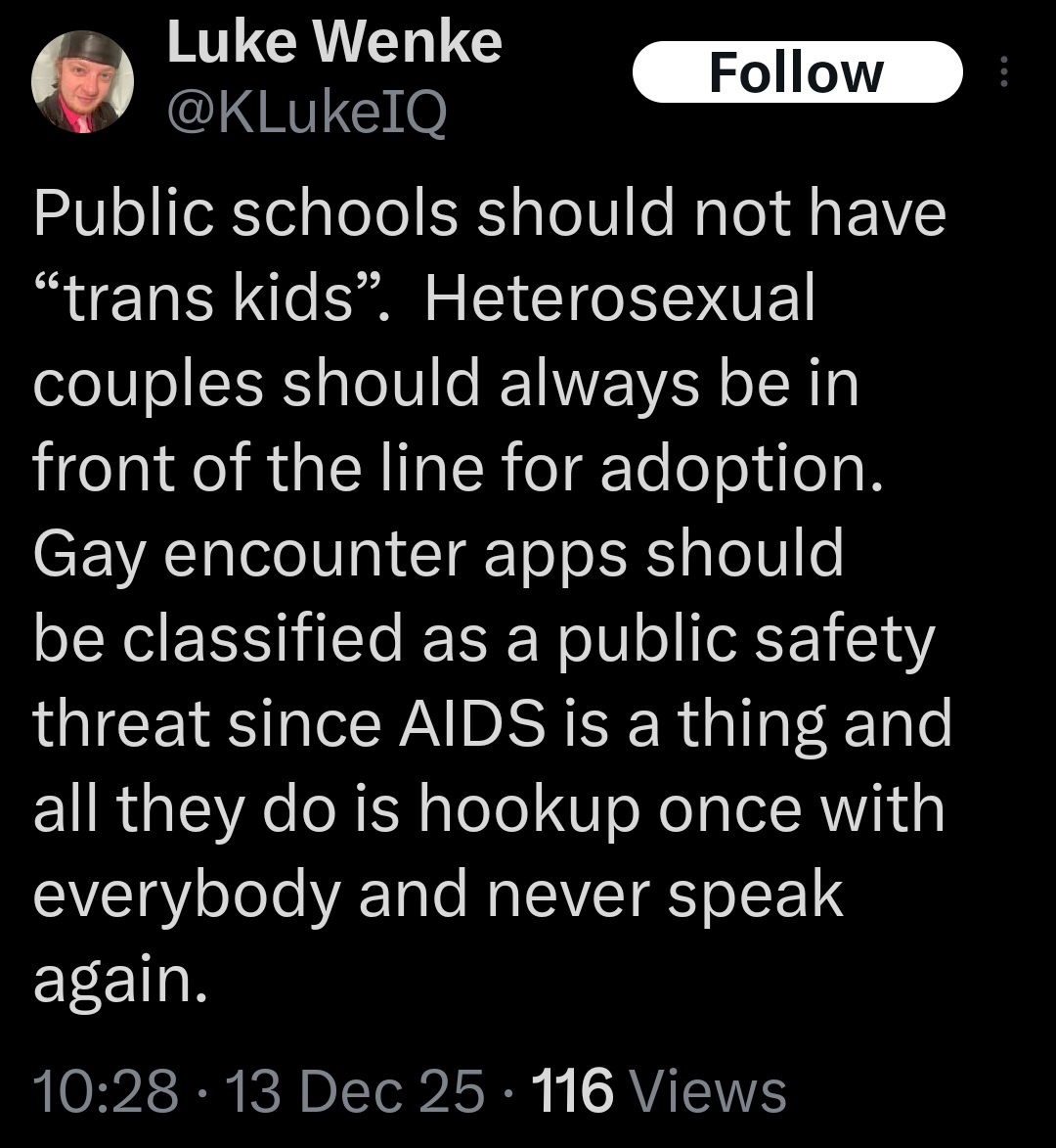 luke wenke expresses his disapproval for gender-confirming medical treatment x/twitter screenshot december 2025