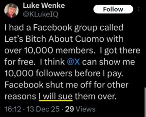 luke wenke x twitter screenshot threats to sue facebook 2025