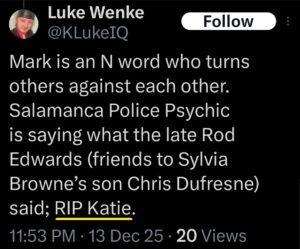 luke wenke x twitter screenshot predictions rip katie 2025