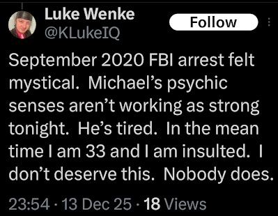 luke wenke feels sorry for himself because he's 33, single, and broke x/twitter screenshot december 2025